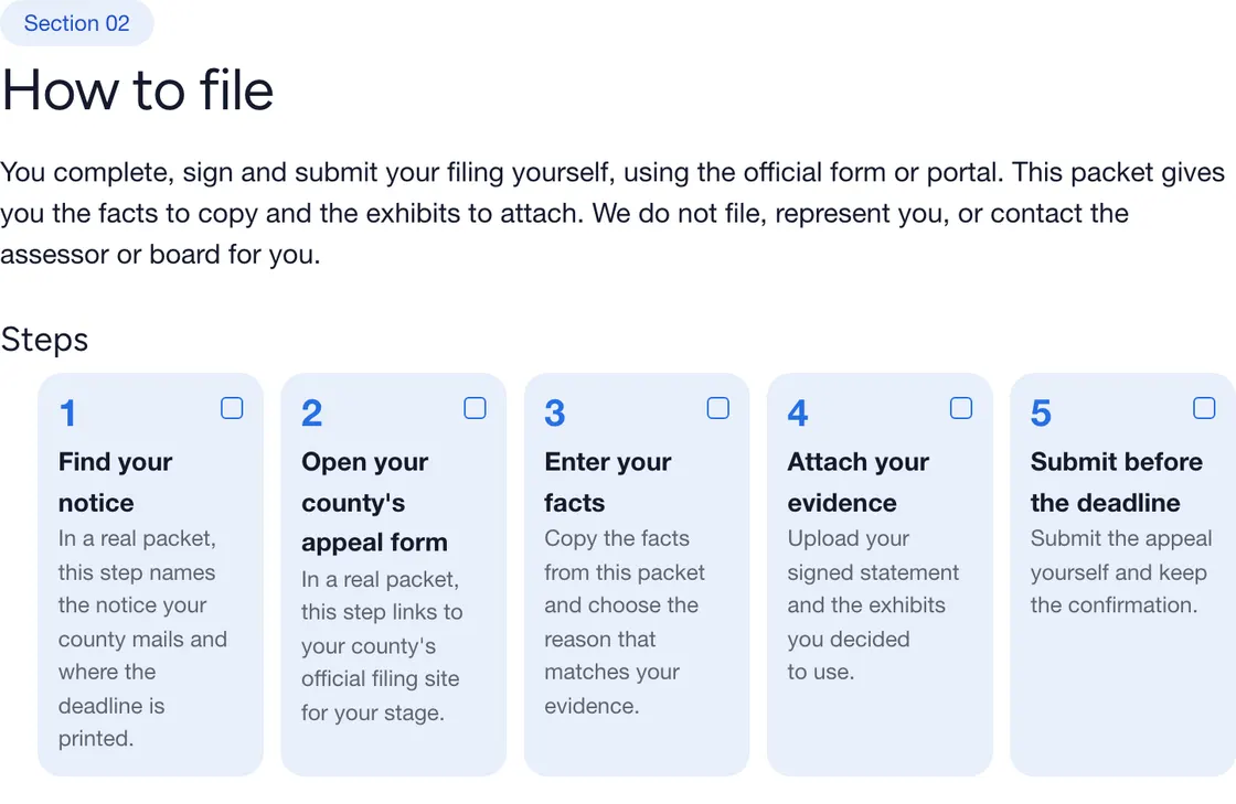 The packet's How to file section: five filing steps with checkboxes.