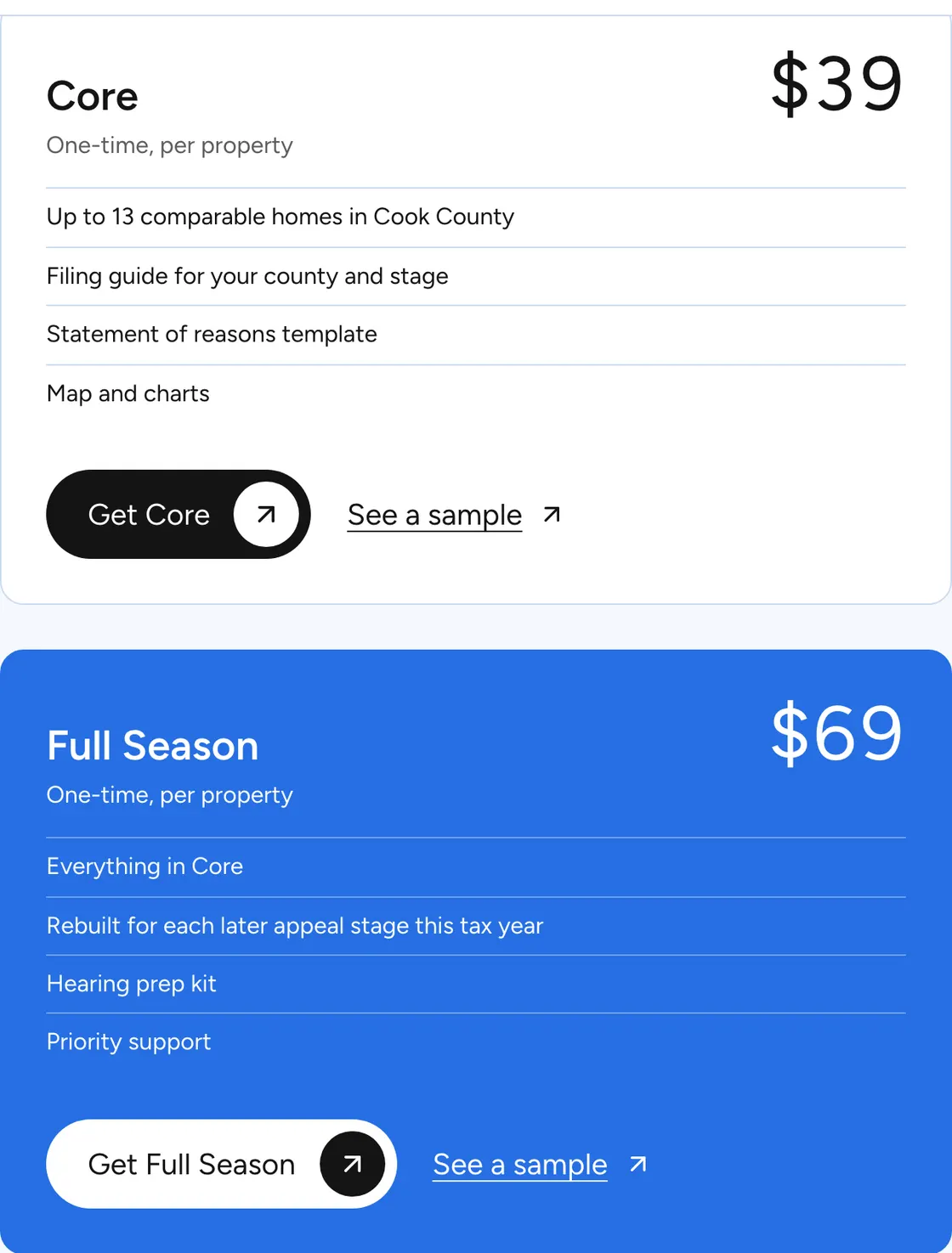 The two plan cards on the free result: Core and Full Season, each with its price and main contents.