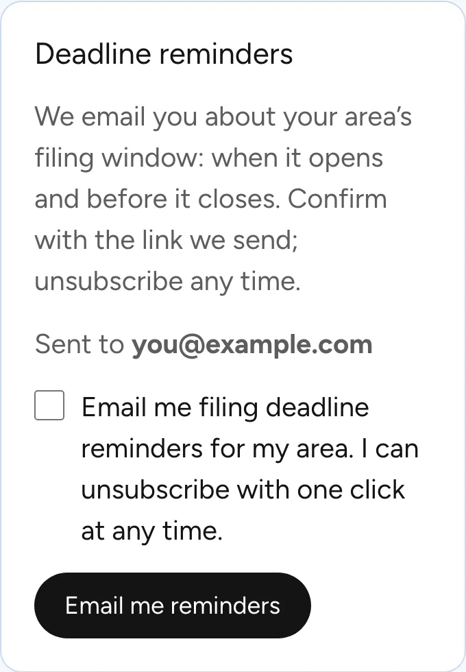 The Deadline reminders card in the account, with the opt-in checkbox.