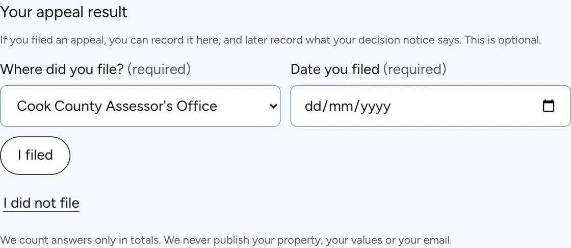 The Your appeal result form in the account: where you filed and the date you filed.